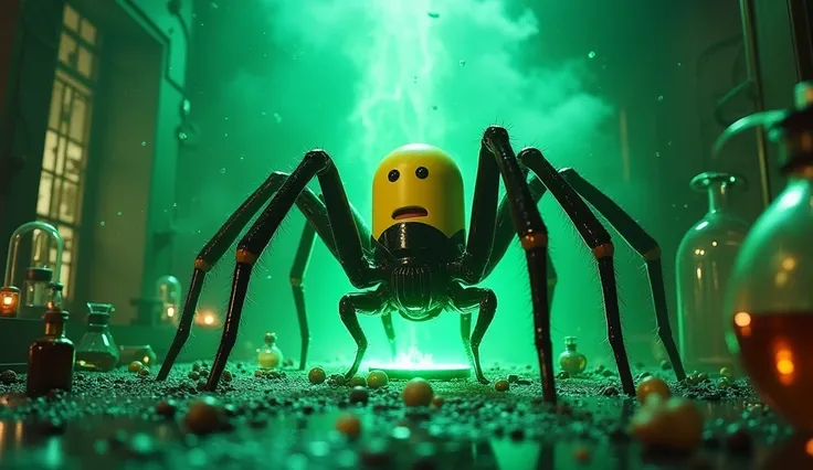 A glass of machine in science lab breaks and a gaint spider having yellow minion head arrive at green glowing gas