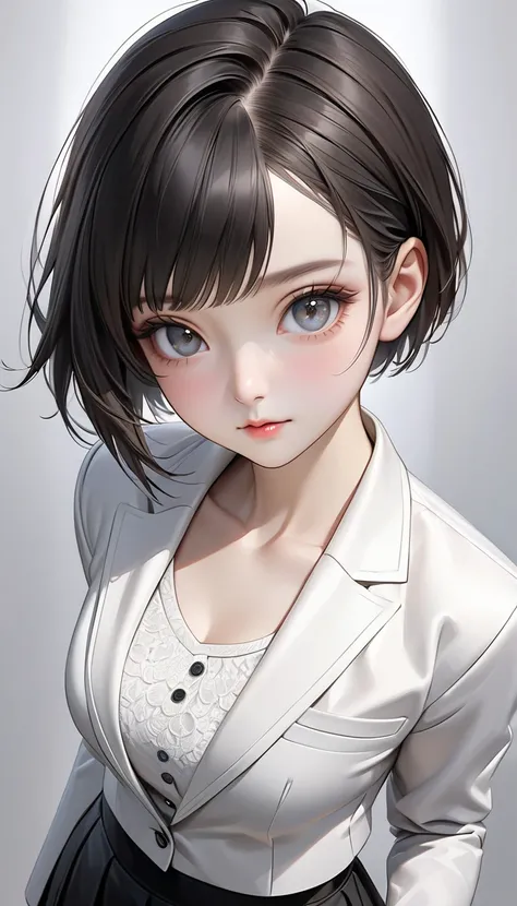 ultra-realism, very beautiful and young new appearance, A adult woman standing in a fashion model stance, cowboy shot, cute and kind face, round face, gentle and cute eyes, short hair, beautiful detailed hair, asymmetrical bangs, white business suit jacket...