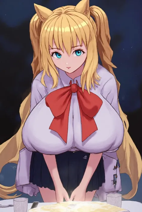 NSFW, table top、full:1.3、Stand、8k、realistic, highest quality、Extreme details, CG Unity 8k, 1 female、20 years old、(Incredibly long and bright blonde twin tails:1.4、thin and very long straight twin tail blonde, bun hair、fox ears)、mini skirt:1.5、Glossy pleate...