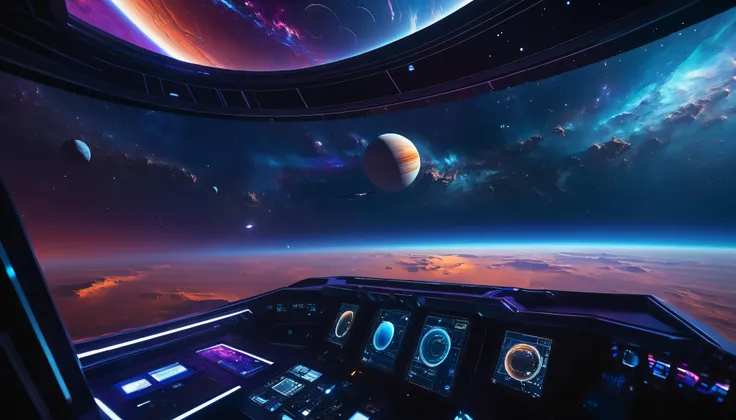 A photo-realistic, ultra-realistic, and cinematic first-person view from inside a spaceship with a sleek, angular design, flying through the vastness of space. The interior of the spaceship is highly detailed, featuring a modern, high-tech dashboard with g...