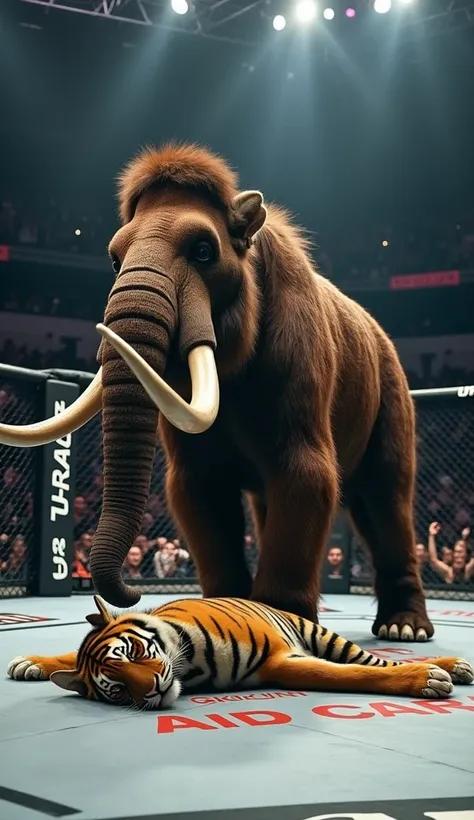 A dramatic scene shows a large mammoth with thick brown fur trampling a tiger lying helpless on the floor of the UFC ring. The mammoth stands in a dominant position, while the tiger looks limp and injured. The background shows details of a UFC ring complet...