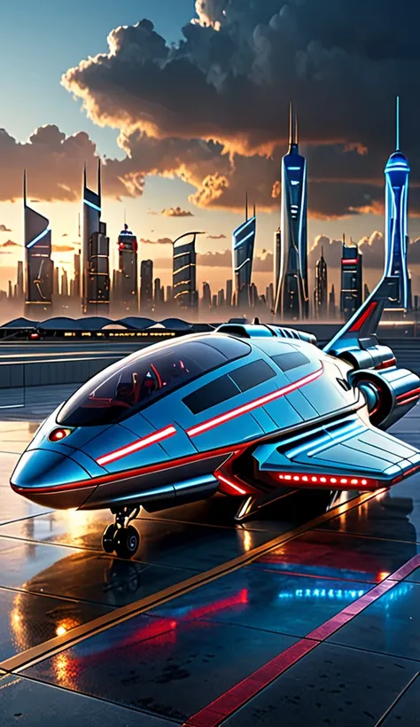 "A highly detailed futuristic spaceship with a red metallic design and bright blue LED lights lands on the ground of an airport in a futuristic city at dusk. The city features illuminated skyscrapers with golden windows, surrounded by dense, glowing clouds...