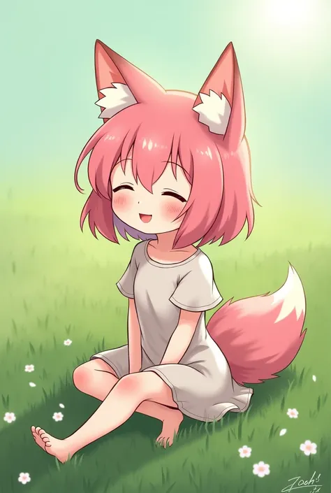 little anime girl, pink hair and short fox ears, eyes closed and smiling , on the grass,baby