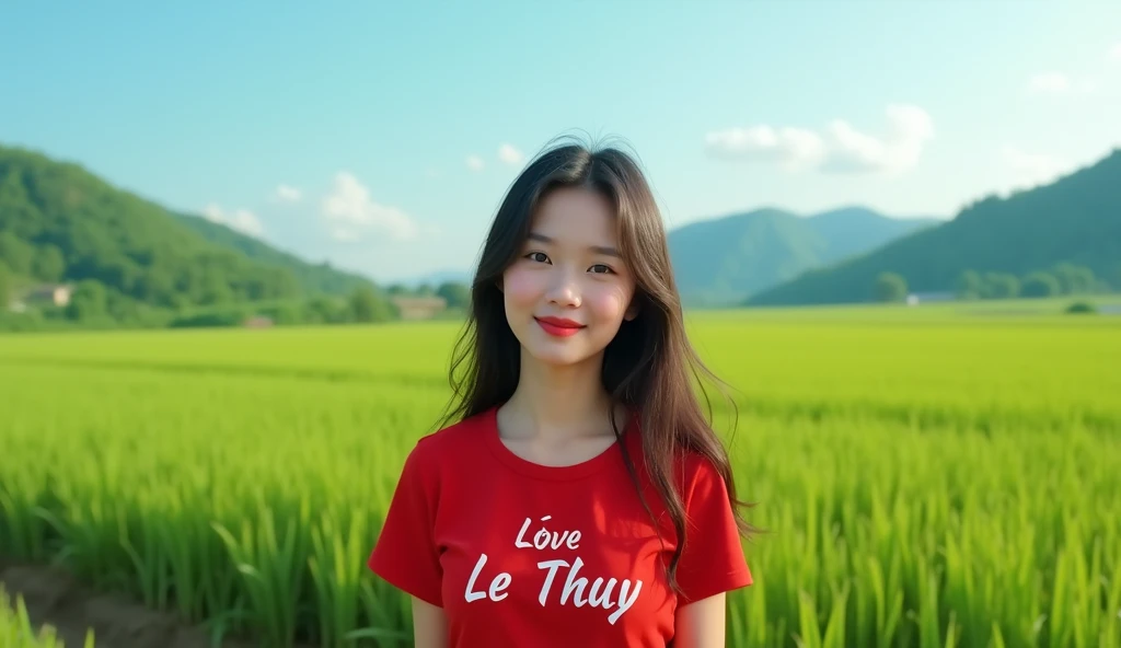 Create a beautiful Vietnamese girl, Behind her is a rice field, Wearing a red shirt with the word LOVE LE THUY,