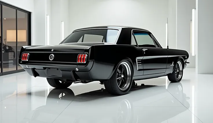 Back view of painted  black with shiny clour   1964  Ford mustang boss 1964   sleek in large shape sedan in large size with  1964    Ford mustang boss          sleek logo on its large detailed grille in shiny black clour with angular sporty design captured...