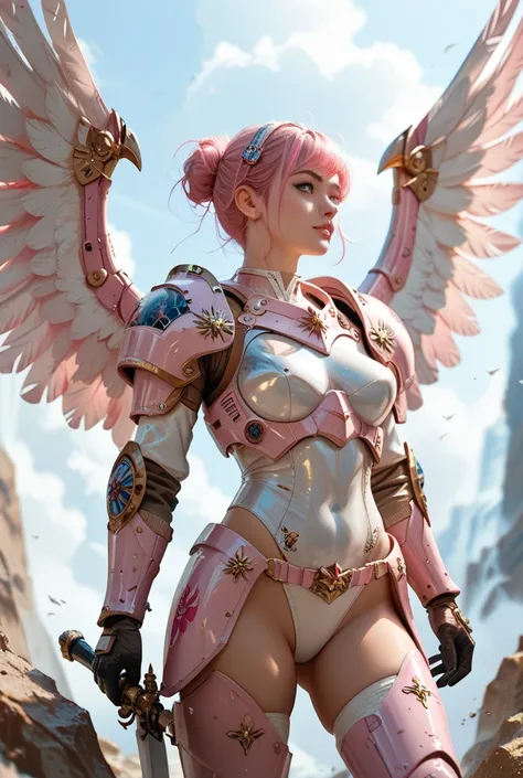 GIRL WARRIOR IN SPACE ARMOR WITH WINGS, PINK HAIR