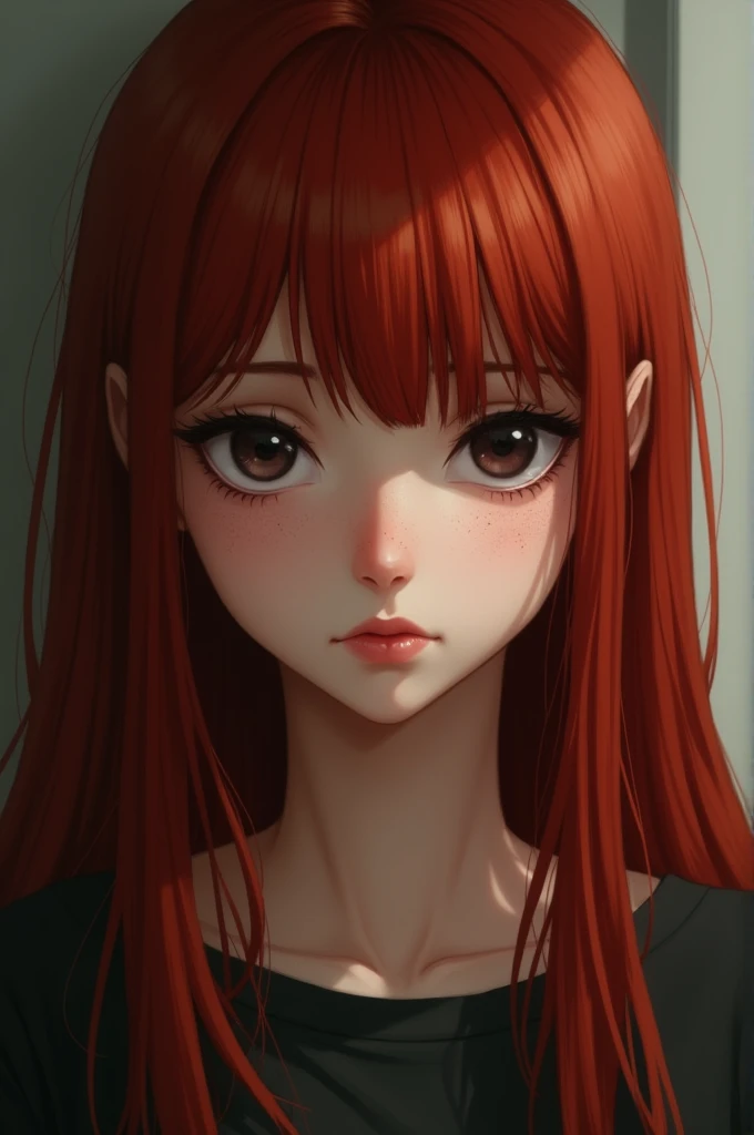  The face of a red-haired girl . She has straight , long, dark red hair, without bangs.  Attentive black eyes ,  full lips and freckles .  She looks slightly dissatisfied,  irritated  