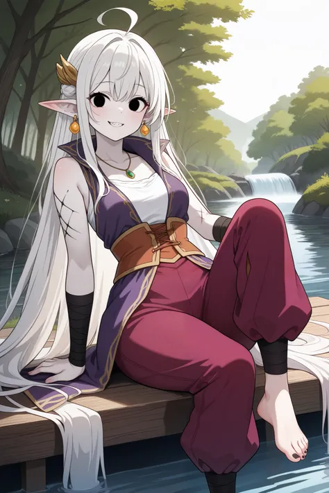 All Body, Very young. Background: nature.
Textured Skin, Pale Skin.
Absurdly long white Hair, Circle Ahoge, extremely long, loose and Messy white hair, Hair Accessories. Dynamic pose near a river.
Medium Breasts, Wide Hips, Thin Waist.
Small earrings, half...