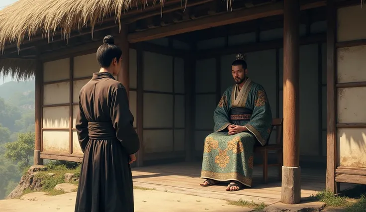 A Japanese king is sitting inside a hut and a Japanese monk is standing in front with folded hands