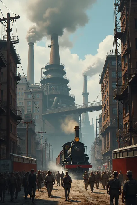 An illustration of an industrial city with factories ,  workers and technological advances such as the steam train or the first production machines.
________________________________________
