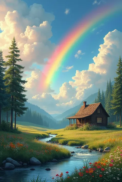 In this enchanting scene, a tiny wooden cabin, adorned with wildflowers, sits peacefully amidst a tapestry of colorful blooms, surrounded by the gentle rustle of tall pine trees. A winding river, its surface glistening in the soft light, meanders lazily th...