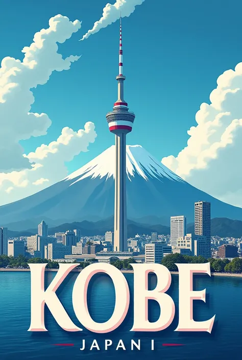 masterpiece、 top quality、great quality、 very aesthetic、 Travel Poster 、Kobe、Kobe、 Stylized Text 、Kobe訪問、 Port Tower - Harborland - Focusing on the Green Mount Rokko、 blue sky、 Nyudo Clouds Are Silent 々and 