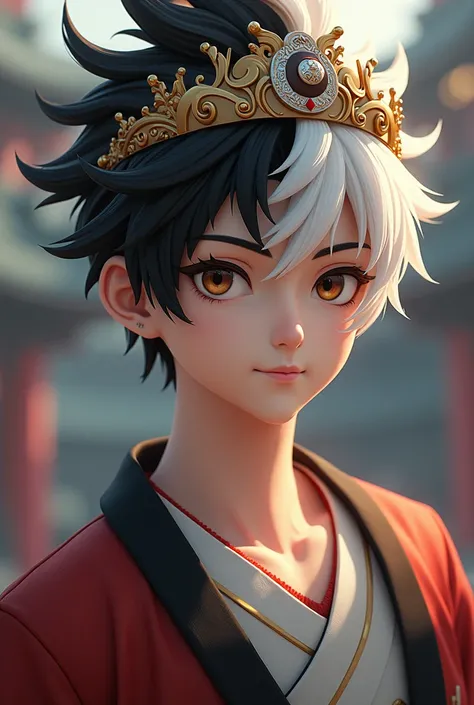 Create a young man with black and white hair wearing the crown of the monkey king anime version