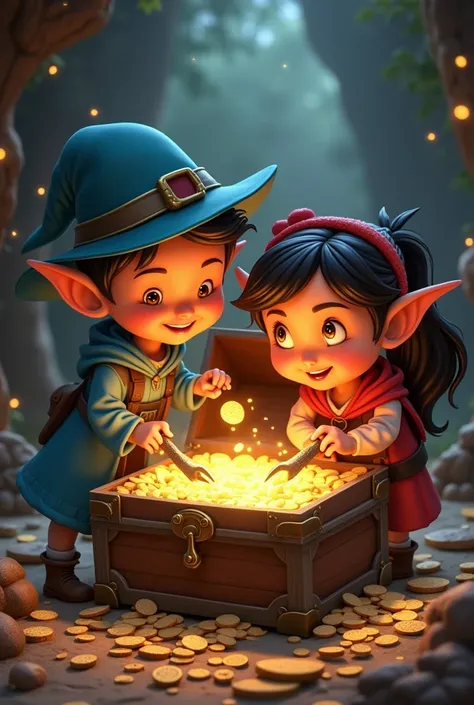 Create an image of Next, they  all three s   Emma, Jake, and Mia In the end, the treasure was not gold or jewels but a chest full of joke books, funny hats, and a note from the Giggle-Goblin. It read, “The real treasure is the joy and laughter you shared.”