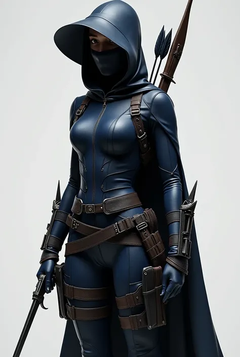 Create an image of a 17-year-old female assassin wearing a sleek black and dark blue suit with dark grey accents. Her suit is tight-fitting, designed for stealth, with a high collar and reinforced sections for protection. She wears a black, form-fitting ho...