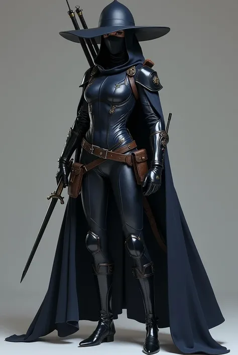 Create an image of a 17-year-old female assassin wearing a sleek black and dark blue suit with dark grey accents. Her suit is tight-fitting, designed for stealth, with a high collar and reinforced sections for protection. She wears a black, form-fitting ho...