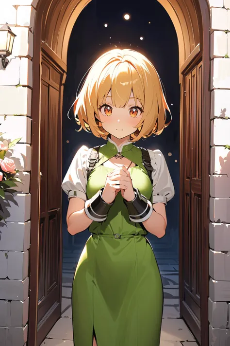 1 girl, (nervous face), young adult, short bob cut, (dressed in a stylish yet practical guard outfit), small breasts, athletic build, (fidgeting slightly while standing guard),  
BREAK  
castle courtyard with stone walls, flowers blooming nearby, (glancing...