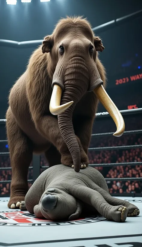 A hyper-realistic scene featuring a powerful woolly mammoth standing with one massive foot pressing down on a fallen elephant inside a UFC ring. The mammoths fur is thick and textured, its tusks large and curved, exuding dominance. The elephant lies sprawl...