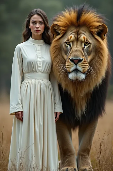 A woman dressed in a white cassock sits her top with a ferocious giant lion walking side by side facing the camera live 