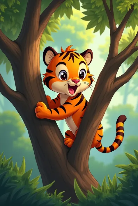  cartoon furry tiger cub climbing tree 