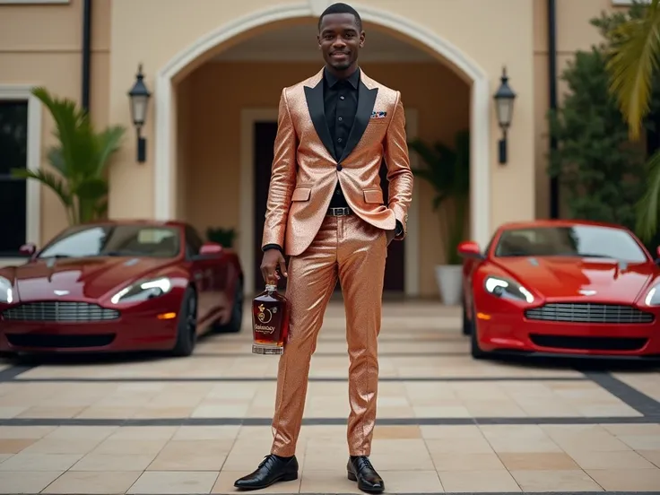  make fullbody of a young Nigeria man body, buzzcut hairstyle, smiling, wearing a very glamorous suit in a very beautiful rose gold color, black shoe, add diamond chain accessories on his body and brooch ornament with the inscription  " Alaska " matching i...