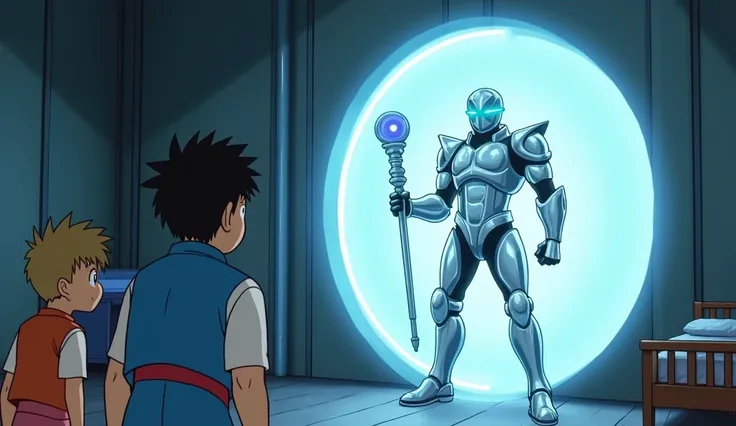 
Prompt:
"An intense moment where a futuristic Time Patrol Officer appears through a glowing portal. The officer is tall, wearing silver armor with glowing blue lines, and holding a futuristic staff. Doraemon and Nobita look shocked and slightly scared as ...