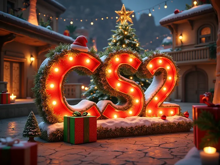 A festive and immersive Christmas-themed decoration concept for the Counter-Strike 2 (CS2) logo, set against the iconic Mirage map background. The design transforms Mirage into a holiday wonderland while maintaining its distinct architectural style, blendi...