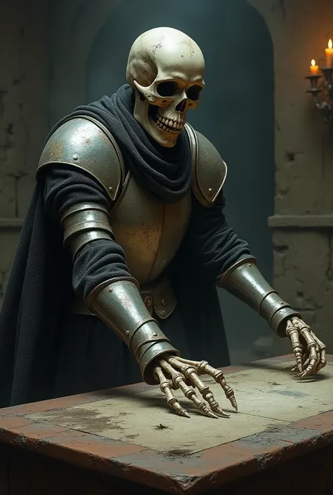 The skeletal figure of Sir Aldric rising from the table

His bony hand reaching toward the intruders, with his armor rattling faintly.