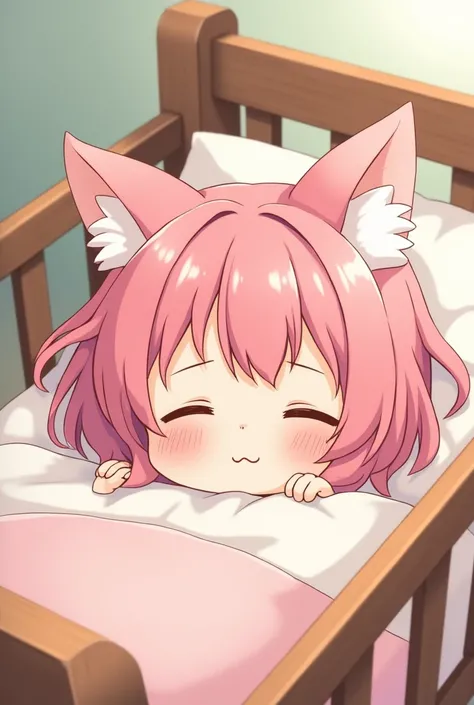 little anime girl, pink hair and short fox ears,  eyes closed, In a baby crib,