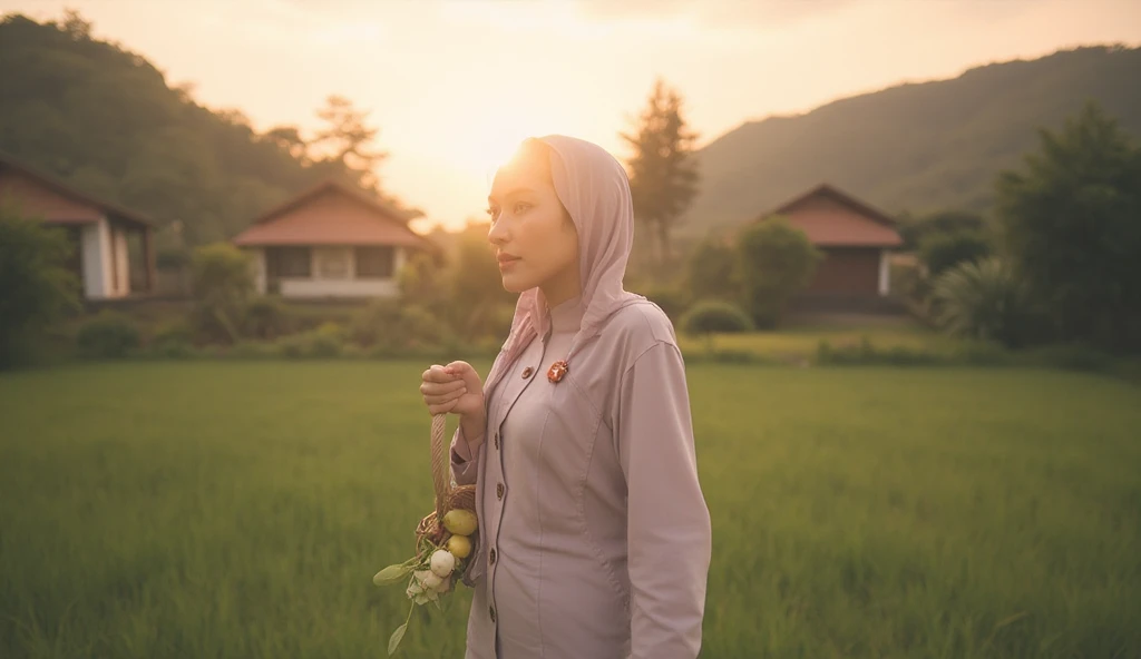 "A young, beautiful woman named Halimah with soft features, glowing skin, and a serene smile, walking through a peaceful village at sunrise. She wears a traditional dress and a simple headscarf, holding a small woven basket filled with fruits or flowers. T...