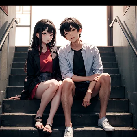 An asian couple sitting on a stairs. Black background.