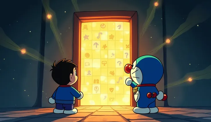 Prompt:
"A dramatic moment where Nobita and Doraemon stand in front of a glowing puzzle door with symbols and words floating above it. Doraemon looks thoughtful while Nobita points toward the answer. The door has futuristic light beams coming out as it beg...