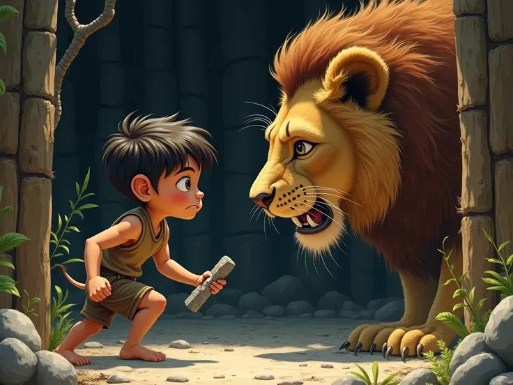 The boy, with trembling hands, leans cautiously toward the trapped lion, a sharp stone in his hand, determination flickering in his frightened yet brave expression.