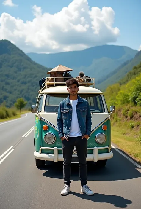 An Indonesian man, 20 years with a modern style, stands in front of a classic retro van with colorful graffiti designs. The man is wearing casual clothes such as a denim jacket and dark trousers, standing confidently in the middle of a beautiful mountain r...