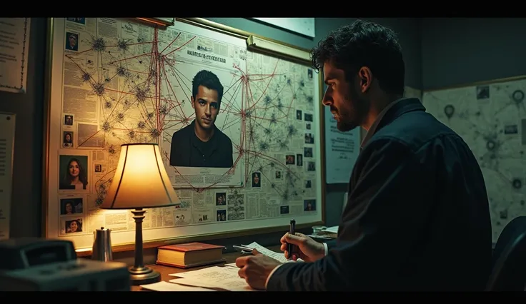 "Ryan Carter inside a dingy, makeshift investigation room. A wall covered in maps, photos, and red string connections sprawls before him, tracing the syndicate’s network. A large photo of Grayson looms in the center, surrounded by smaller pictures of syndi...