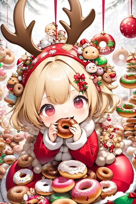 Chibi, cute girl, Messy blonde, , Surrounded by lots of donuts , Fill your mouth with doughnuts , wearing a reindeer costume ,Christmas charm , Christmas Ornaments, smile, funny, ( super detailed , exquisite resolution, top quality:1.3), 2.5D, Elega...