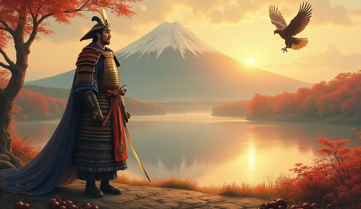 A highly detailed painting of Tokugawa Ieyasu, wearing a majestic samurai armor, standing near a serene lake. In the background, a magnificent view of Mount Fuji, a hawk soaring in the dawn sky, and glistening eggplants on the ground, symbolizing the "Firs...