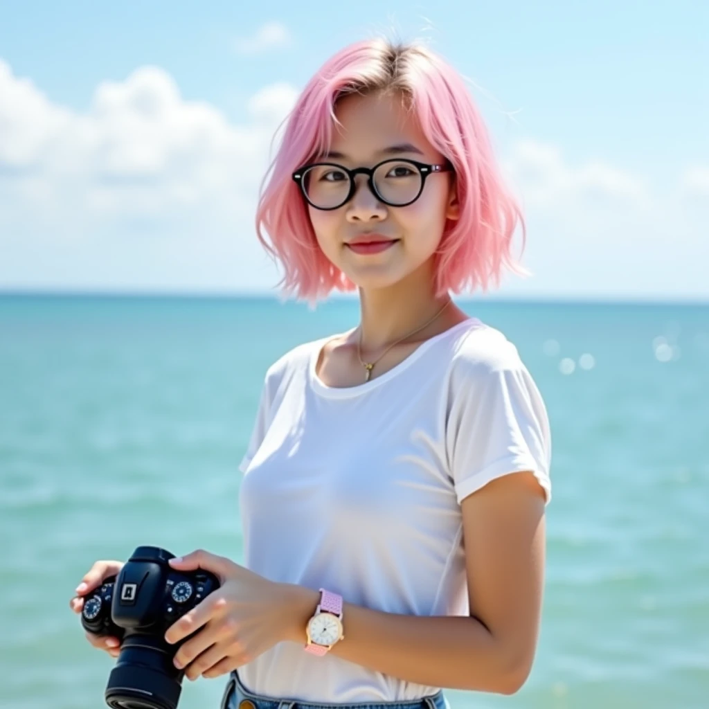 High-definition photo of an 18-year-old Thai girl wearing round black glasses and short, wavy pink hair. White and bright skin, wearing a white round neck t-shirt and short jeans, on the left wrist there is a pink wristwatch, the right hand is holding a Ni...