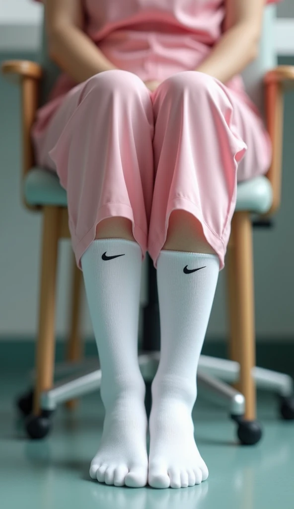 (    photorealism    :1.2),   Japanese、Beautiful dental hygienist woman &#39;    light pink nurse clothes 、   thick white sock legs sitting on an office chair  、      super realistic thick white socks 、  invisible fingertip type   。   white socks with Nike...