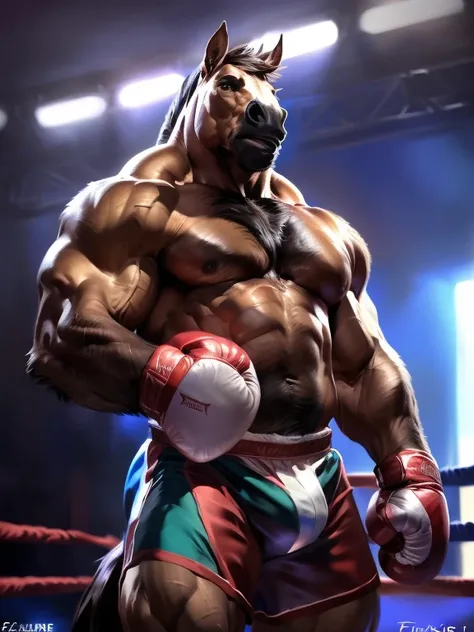 muscular anthro horse wearing boxing gloves. 4k, high resolution, best quality, perfect colors, perfect shadows, perfect lighting, posted on e621, furry body, solo, anthro horse, mane, body hair, older, male, adult, masculine, (heavily muscular, large musc...