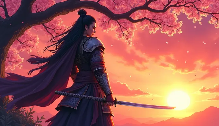 A heroic warrior holding a gleaming katana, standing in a dramatic pose under a cherry blossom tree with petals drifting in the wind.Digital anime illustration, cel-shaded. Inspired by modern anime like Demon Slayer with vibrant details and dynamic motion ...