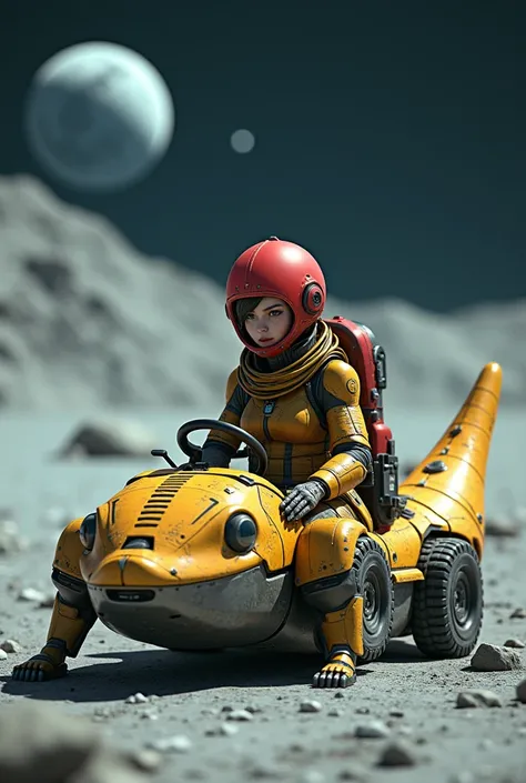 Final Fantasy photo. A cute beautiful woman is sitting in the drivers seat of a green and yellow crocodile-shaped machine vehicle, wearing a yellow-white machine suit and a red space helmet, seeing a skull-patterned face with large metal limbs full of desi...