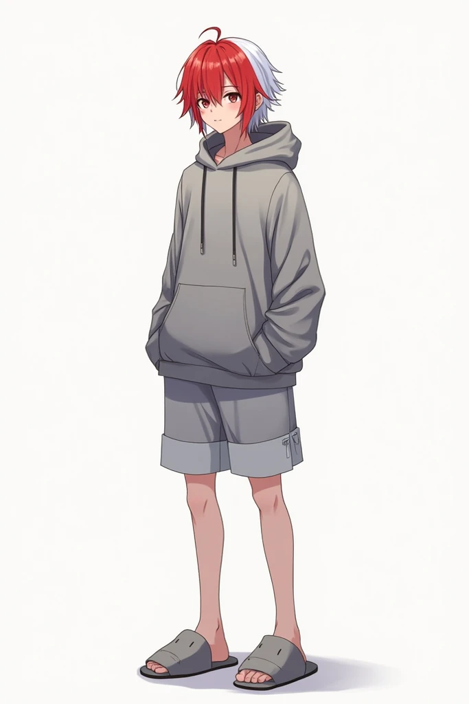 A male  anime character, with two toned red and icy white medium long hair, wears hoodie adn shorts and slippers 