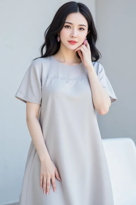 An elegant girl (clothing color soft light gray) wearing a minimalist style dress with a light gray overall color, a round neckline that fits the neck without revealing too much skin, elegant and neat. Sleeve type short sleeved, 5-8 centimeters below the s...