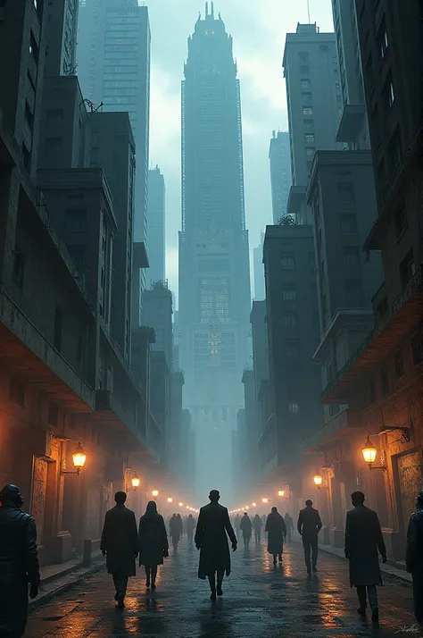 A dimly lit futuristic city named "Krishnapur" with towering modern buildings juxtaposed against crumbling ancient temples. The atmosphere is dark, with signs of moral decay like graffiti, crime, and people walking with ominous expressions.