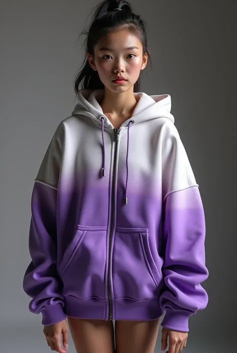 Gymnast girl wearing a wide sweatshirt with zipper and degrading purple colors,  black and white
