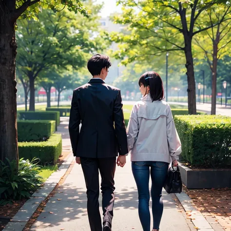 An asian couple, walking away and talking. In a park.