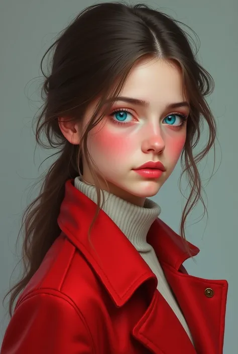 A beautiful 16-year old  girl with blue eyes wearing red coat