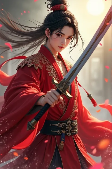 Chinese anime boy with ancient red god dress, hold the sword, with handsome face, poster 