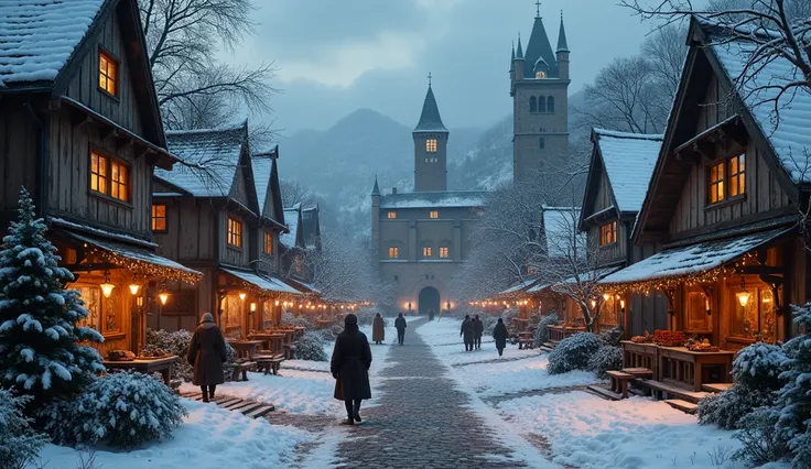 A medieval town at Christmas would be a charming and welcoming setting, even in the dead of winter. Snow-covered cobblestone streets, houses with blazing fireplaces, and simple ornaments made of pine branches would decorate the surroundings. The central sq...